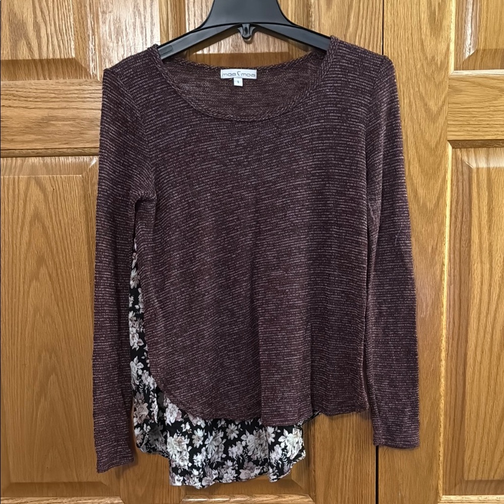 Moa Moa Red Asymmetrical Blouse with Floral Accent